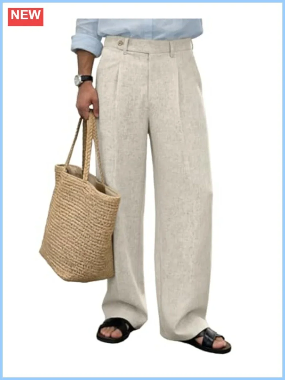 Mens Linen Blend Baggy Pleated Wide Leg Dress Pants Elastic Waist Lightweight